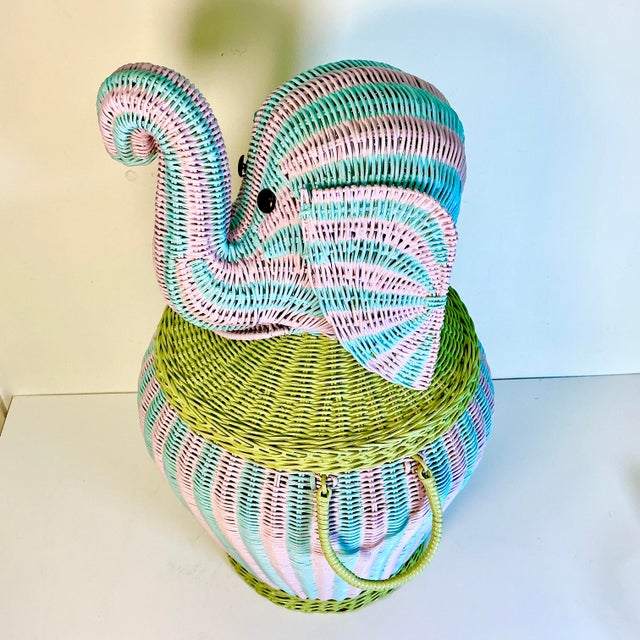 1997 Vintage Boho Chic Coastal Cabana Striped Wicker Elephant Basket Hamper, Signed Jen Lee For Sale - Image 17 of 17