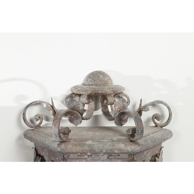 1920s French Iron Three-Light Lanterns with Scrolling Motifs and Foliage - a Pair For Sale - Image 10 of 12