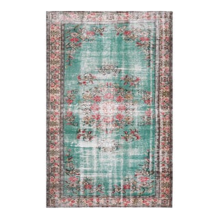 1970s Vintage Handmade Wool Cotton Green Area Rug For Sale