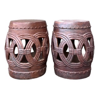 Vintage Boho Glazed Ceramic Rings Low Stools - A Pair For Sale