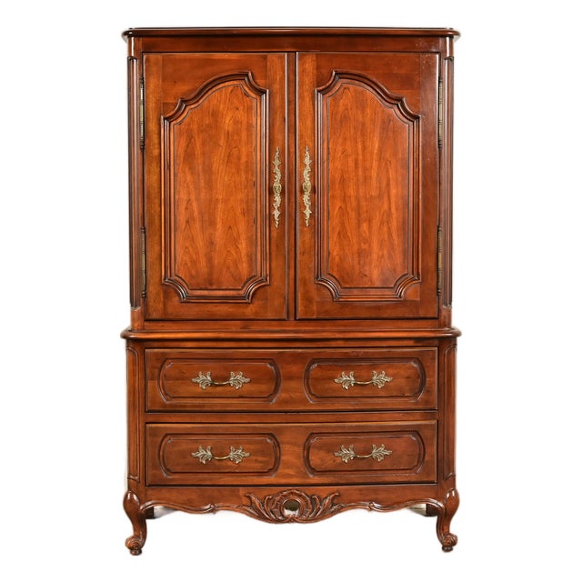 Century Furniture French Provincial Louis XV Carved Cherry Wood Armoire Dresser or Gentleman's Chest For Sale