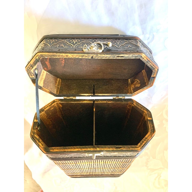 Coffee Mid 20th Century Vintage Rustic Primitive Storage Canister Jars Bamboo Metal With Hinged Lid and Top Handle For Sale - Image 8 of 12