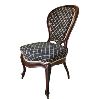 Antique Victorian Solid Mahogany Wood Balloon Back Navy Blue & Ivory Accent Chair For Sale