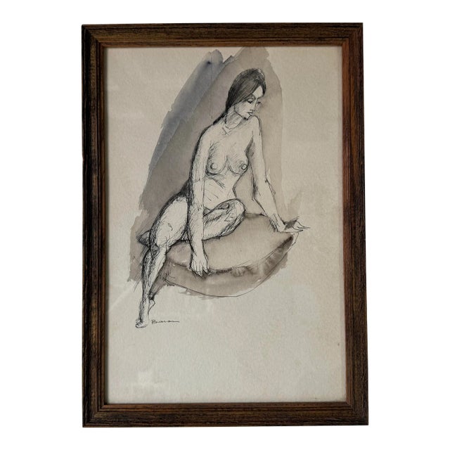 Marcel Julien Baron (France, 1872-1956) Sitting Nude Woman, Ink Drawing, Framed For Sale