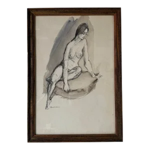 Marcel Julien Baron (France, 1872-1956) Sitting Nude Woman, Ink Drawing, Framed