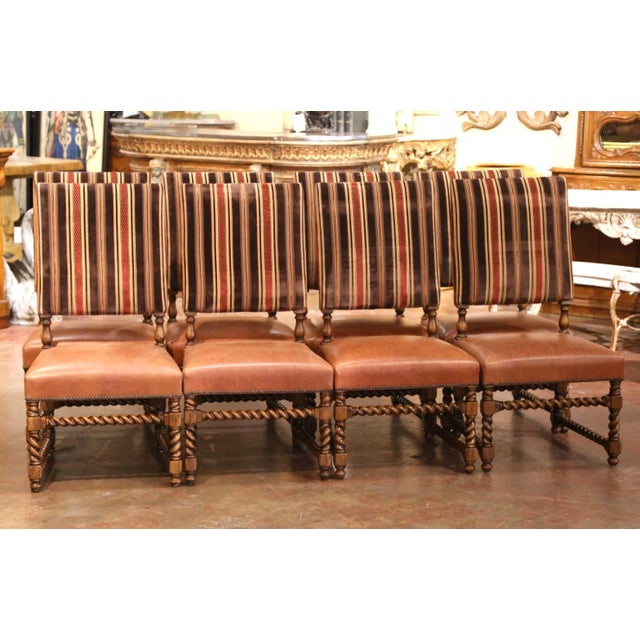 French Set of 10 Louis XIII Style Walnut and Leather Dining Room Chairs For Sale - Image 3 of 13