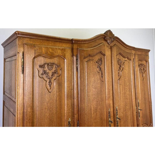 Vintage French Louis XVI Style Carved Oak 4-Door Wardrobe For Sale - Image 6 of 12