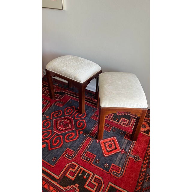 Wood Pair of Vintage Ethan Allen Asian-Inspired Upholstered Stools - A Pair For Sale - Image 7 of 9