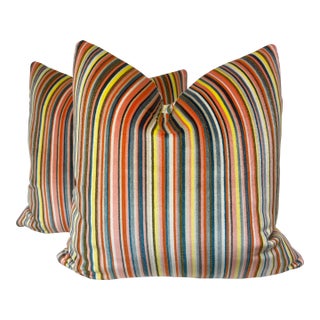 Striped Velvet Indoor/Outdoor 22" Pillows-a Pair For Sale