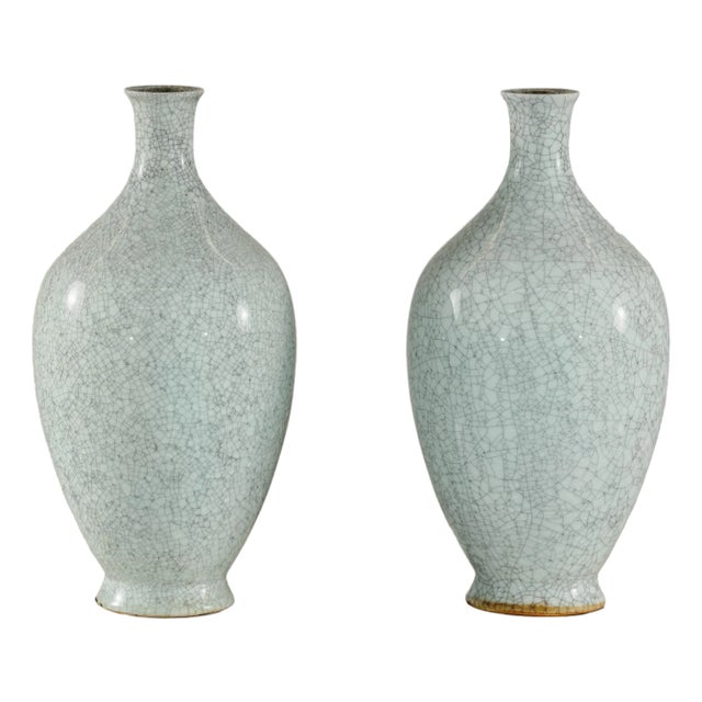 Light Grey Celadon-Glazed Porcelain Vases with Fine Crackle Pattern - A Pair For Sale