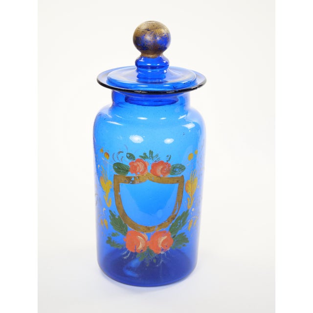 Glass Mid-20th Century Italian Gilt and Hand-Painted Cobalt Blue Glass Apothecary Jars For Sale - Image 7 of 18