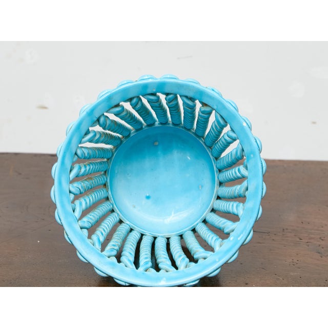 Mid 20th Century Turquoise Woven Porcelain Cachepot on Scroll Feet, Spain Midcentury For Sale - Image 5 of 7