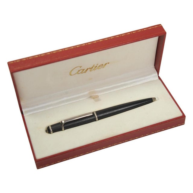 Diabolo Ballpoint Pen in Black Resin Finish with Steel Mounts and Blue Resin Cabochon in Box from Cartier, 1990s, Set of 3 For Sale - Image 9 of 11