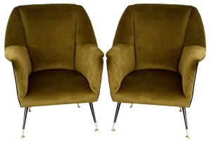Set of Italian Armchairs in Green Moss Velvet with Brass Feet, 1950s