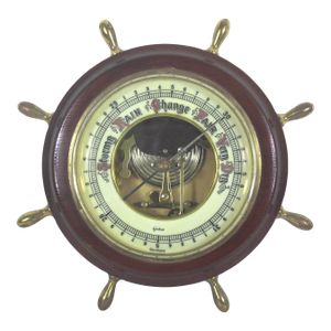 Vintage German Nautical Barometer for on the Wall, Made of Wood, Brass and Glass, Lots of Patina Interesting Character Gischard Ship’s Wheel