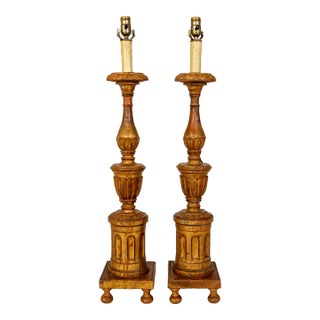 Early 20th Century Large Neoclassical Carved Gilt Wood Lamps - Pair For Sale
