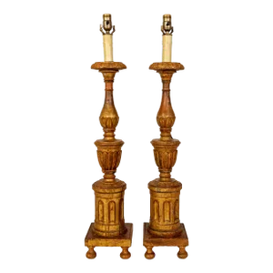 Early 20th Century Large Neoclassical Carved Gilt Wood Lamps - Pair