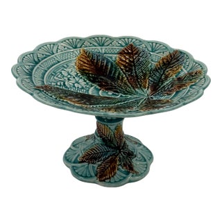Majolica Pedestal Plate With Turquoise Scalloped Edge & Brown Fall Leaves For Sale