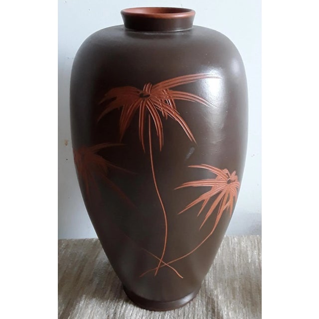 German Handmade Brown Ceramic Vase with Incised Floral Decoration in Red, 1960s For Sale - Image 6 of 6