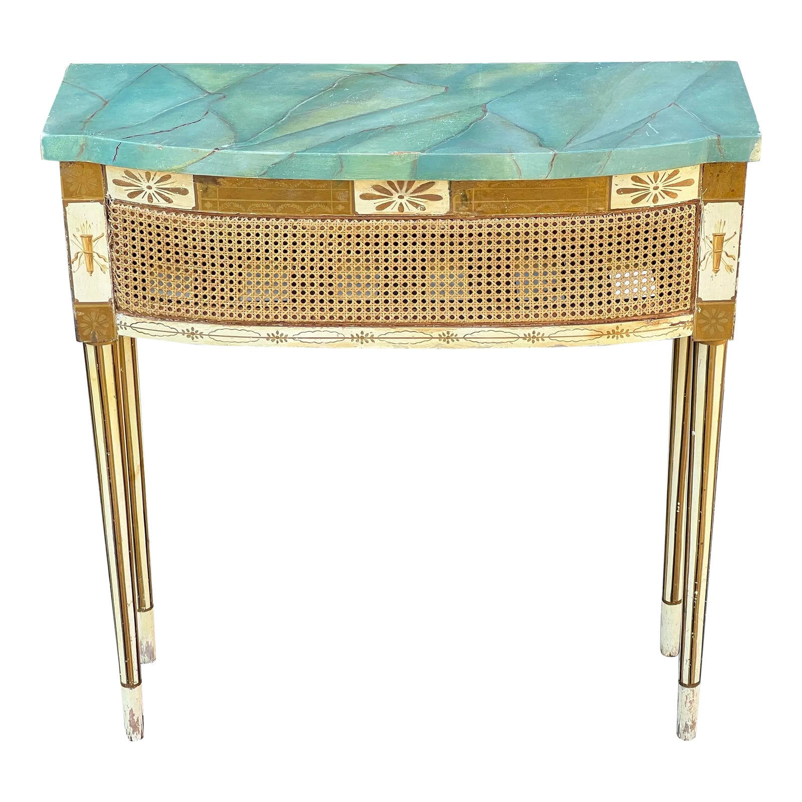 Antique Sheridan Hand Painted Demi Lune Faux Marble Top Table With