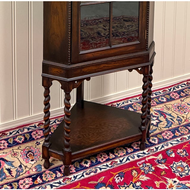 Antique English Jacobean Corner Cabinet Barley Twist Legs Glass Door Oak 1920s For Sale In Dallas - Image 6 of 17
