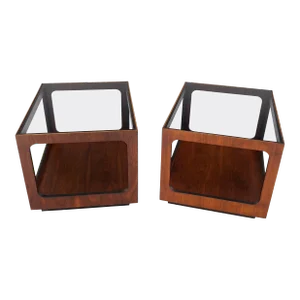 Walnut Rectangle Cube Shape Smoked Glass Top Side End Tables Stands - A Pair
