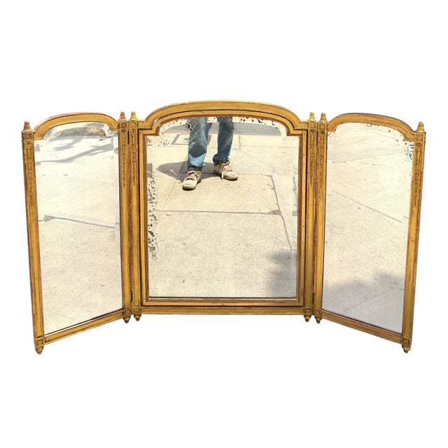 French Antique Louis XVI Style Giltwood Tryptic Vanity Table Mirror For Sale - Image 3 of 5