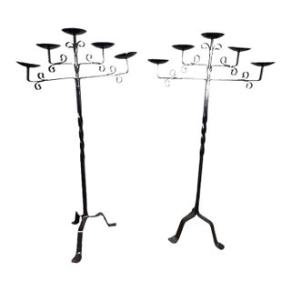 Antique Wrought Iron Floor Candelabras - Holds Five Candles - Set of 2 For Sale
