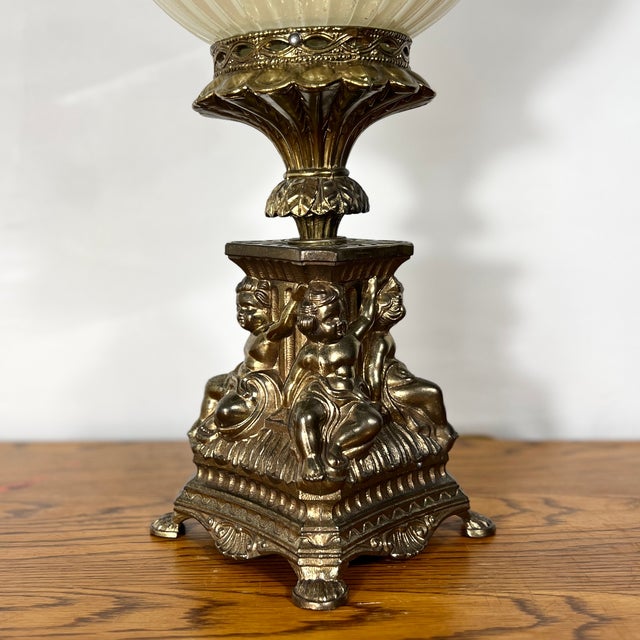 1950s Accurate Casting Hollywood Regency Cherub Lamp - 37" Manganese Glass & Victorian Fringe For Sale - Image 10 of 14