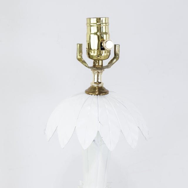 Metal Pair of Vintage Chinoiserie White Tole Palm Tree and Figurine Table Lamps For Sale - Image 7 of 12
