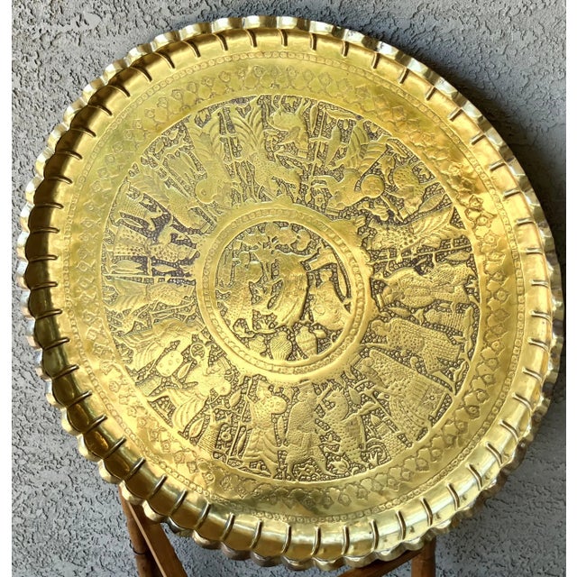 Mid-Century Modern Mid 20th-Century Persian Qajar-Inspired Design Brass Chased & Repoussé Charger Tray Top Accent or Coffee Table For Sale - Image 3 of 17