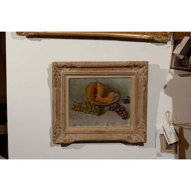 Wood 19th Century Framed Oil Still Life Painting of Fruit, Grapes, and Melon For Sale - Image 7 of 7