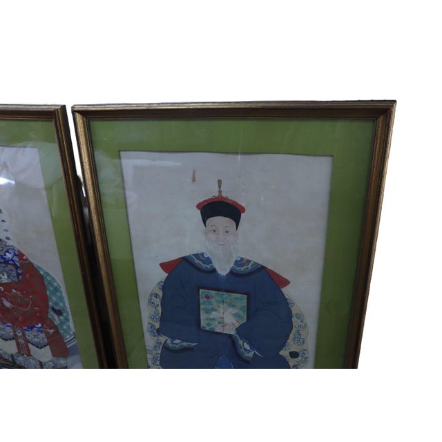 Fantastic pair of large Chinese 19th century hand painted ancestor portraits. Well framed with olive green mattes that...