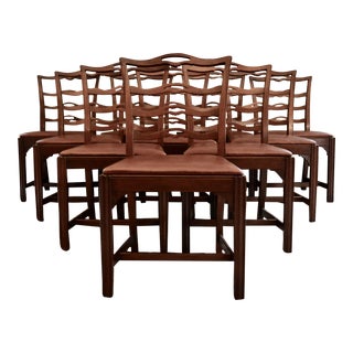 Early 20th Century Set of 10 Chippendale Style Ribbon Back Dining Chairs With New Leather Seats For Sale
