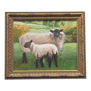 Sheep With Lamb English Traditional Impressionist Landscape Antique White, Brown, Green Oil Painting by Cleo Plowden For Sale