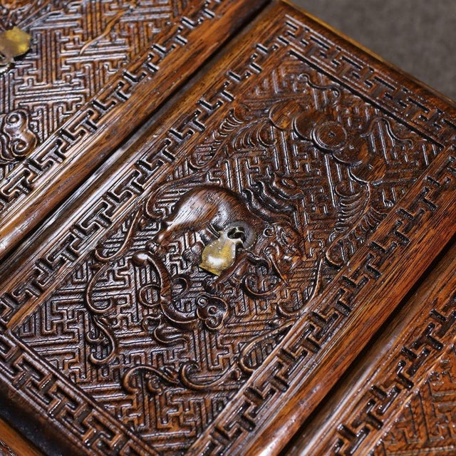 Vintage Chinese Huali Rosewood Carved "Antiques" Triple-Lidded Box Set For Sale - Image 9 of 10