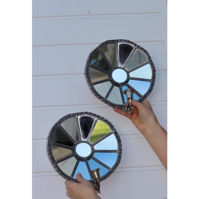 Mid-Century Modern Vintage Sun Mirror Sconces in Pewter by Klöva Hallar, Set of 2 For Sale - Image 3 of 8