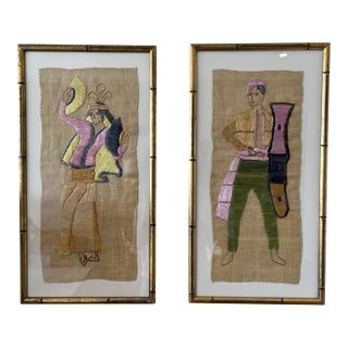 Pair of Mid-Century Raffia Textile Panels in Vintage Bamboo Frames For Sale
