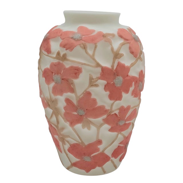 Art Deco 1930s Art Deco Phoenix Glass Vase With Raised Pink Dogwood Blossoms by Consolidated For Sale - Image 3 of 5