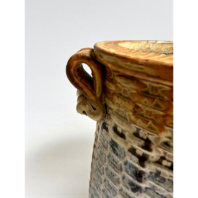 Contemporary Brad Tucker Studio Pottery Basket Vase North Carolina Blue Brown Textured Glaze For Sale - Image 3 of 10