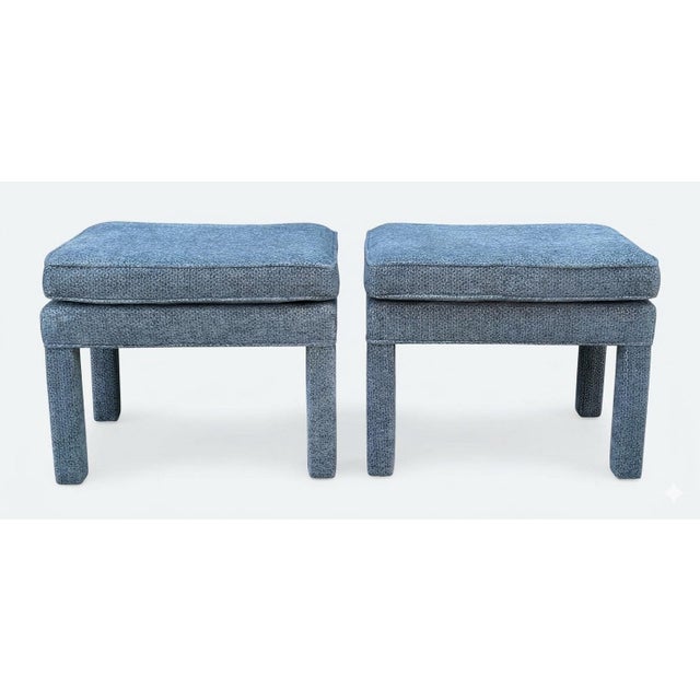 Pair of pillow top ottomans in a wonderful medium blue color textured fabric by Kravet. They are sturdy and durable, and...