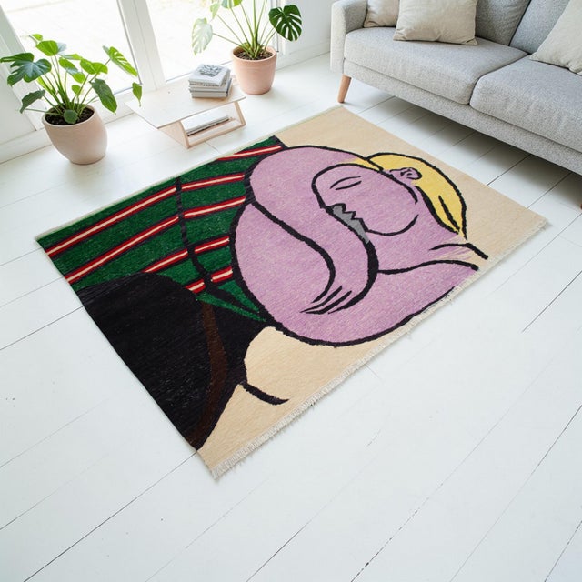 This 2023 Oushak handmade flat weave kilim rug captures Picasso's iconic "Woman With Yellow Hair" in a bold, pictorial...