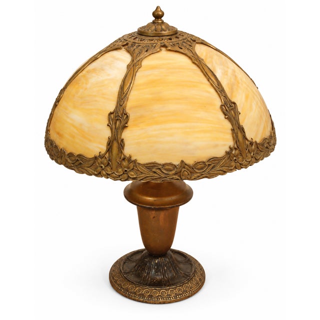 Vintage Art Nouveau Style Amber Glass Table Lamp With Ornate Metalwork For Sale - Image 4 of 8