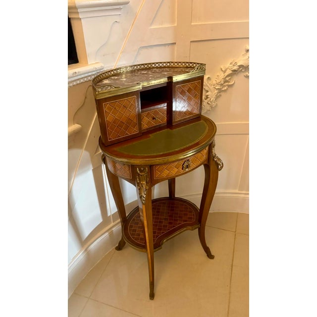 Antique French Kingwood Parquetry Freestanding Ormolu Ladys Writing Desk Bonheur Du Jour, 1880 For Sale - Image 16 of 16
