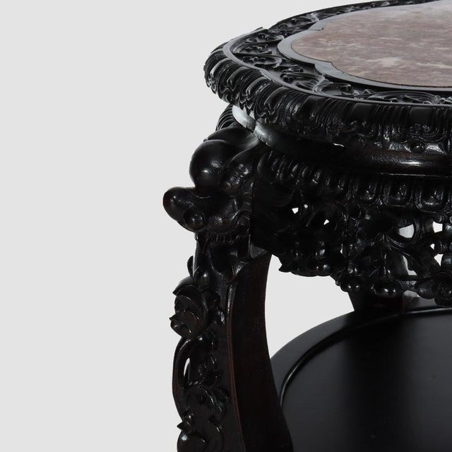 1910s Chinese Floral Carved Rosewood Rouge Marble Top Stand C1910 For Sale - Image 5 of 11