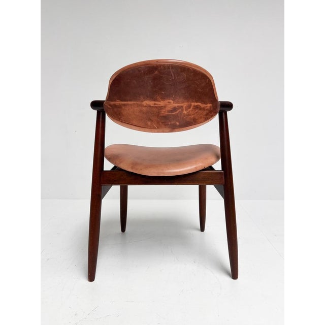 Wood Brown Leather Cowhorn Chair, 1970s For Sale - Image 7 of 14