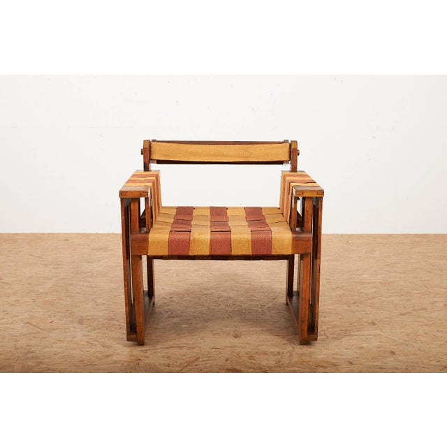 Viennese Armchair in Wooden Construction and Upholstered with Beige Red Linen Bands, in Good conditions. Designed 1920 to...