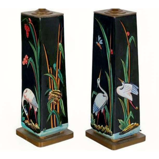 1940's Italian Majolica Bird Themed Lamps- A Pair For Sale - Image 4 of 6