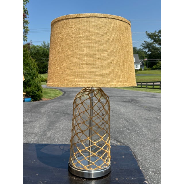 A Nautical Pair! Perfect 1960s/70s era pair of coastal table tamps with original linen / jute / burlap shades and a woven...