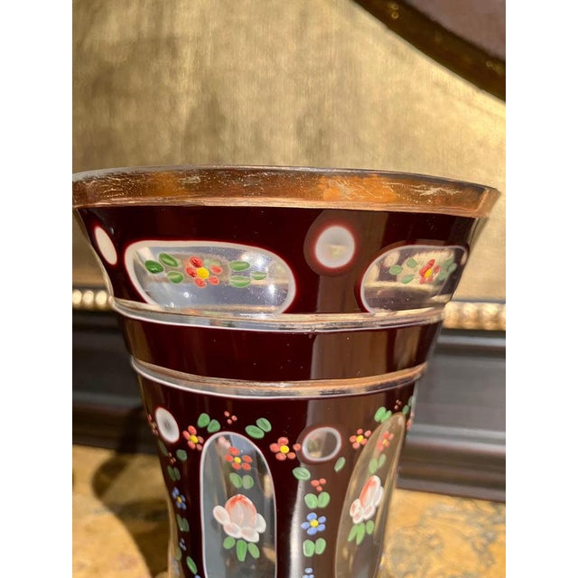 Antique Bohemian Amber Glass Goblets with Hand-Painted Floral Decoration, Set of 2 For Sale - Image 5 of 10